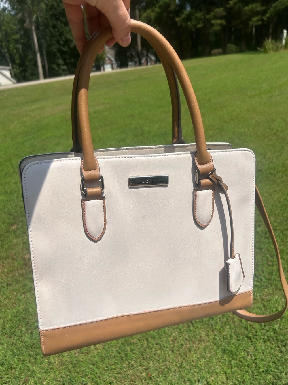 Nine West Ivory Tan Colorblock Structured Satchel Shoulder Crossbody Bag